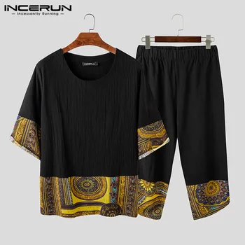 

INCERUN 2020 Chinese Style Men Sets Print Patchwork Vintage Cotton 3/4 Sleeve Shirt Calf Length Pants Streetwear Casual Men Suit