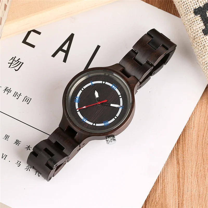 Handmade Ebony Wooden Clock Lady Quartz Analog Watches Luminous Pointers Roman Number Dial Wrist Watch to Women Wood Bracelet