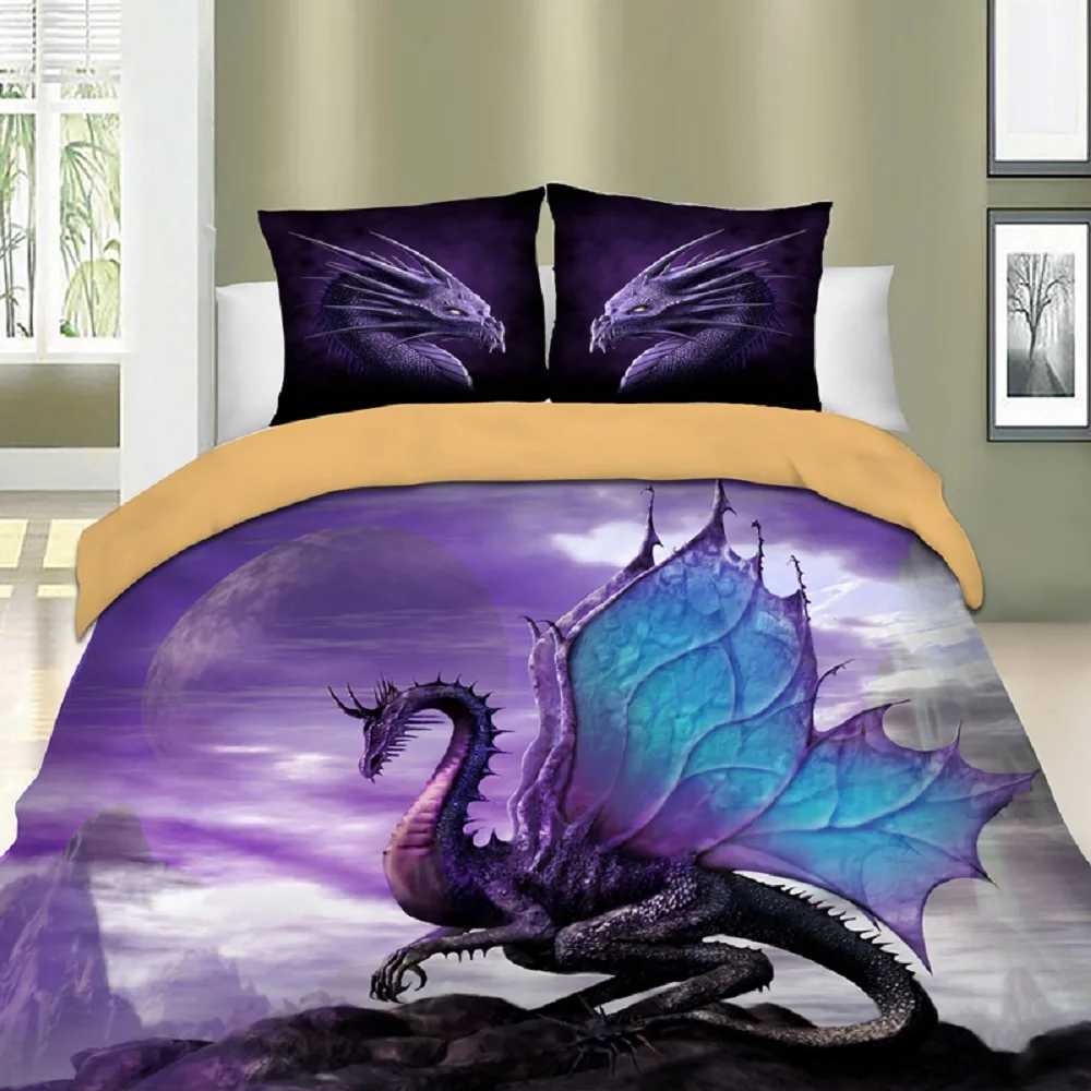 Flying Dragon Duvet Cover Set Purple Pterosaur Bed Linen Set With