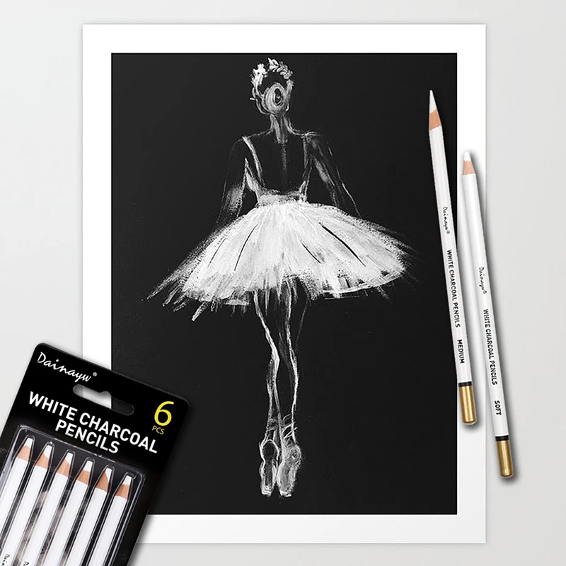 Dainayw White Charcoal Pencils Drawing Set, 6 Pcs Smooth Soft & Medium Sketching Pencil for Highlighting Art Supplies 4