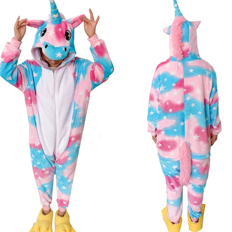 Blue pink unicorn Взрослая Пижама кигуруми, женские костюмы, косплей, Мультяшные животные, одежда для сна, зимняя теплая Фланелевая пижама с капюшоном, Ститч, единорог, новинка - Цвет: Blue pink unicorn