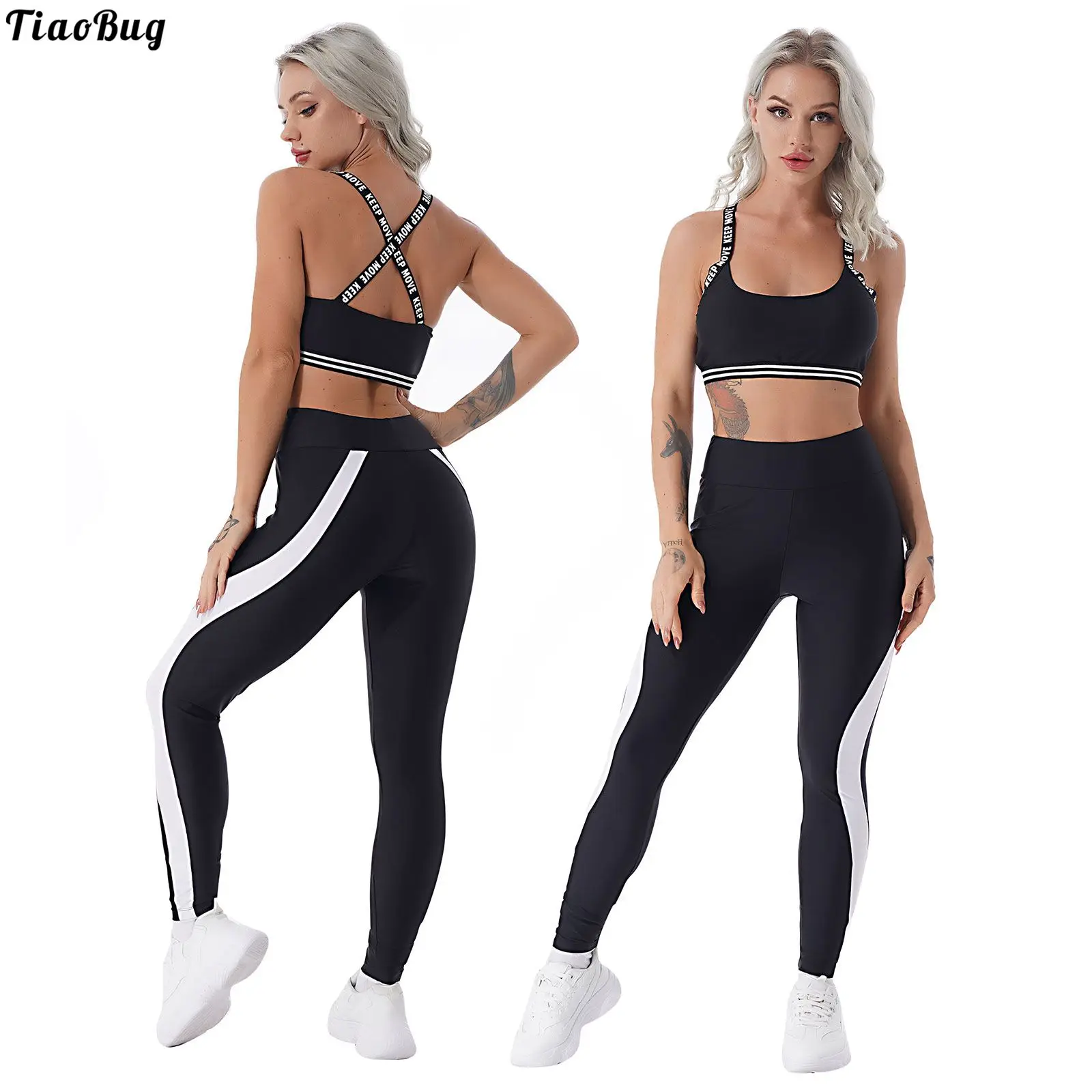 

TiaoBug Black Women U Neck Letters Printed Elastic Straps Open Back Removable Bust Pads Sport Bra Top And Pants Set For Gym Yoga