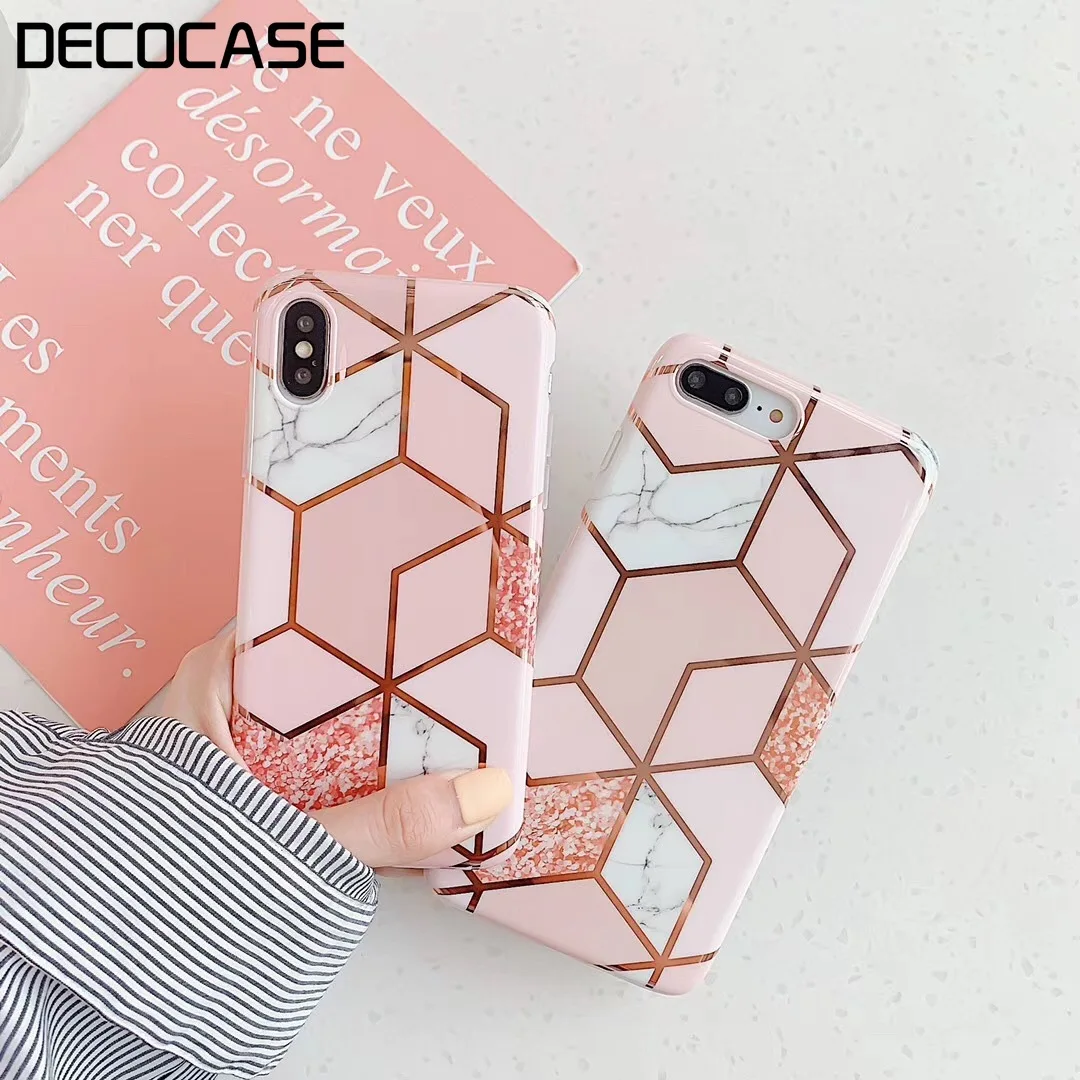 Kuutti Luxury Pink White Marble Gold Geometry TPU Phone Case for iPhone 6 6s 7 8 Plus X XR XS Max Covers iphone x case |