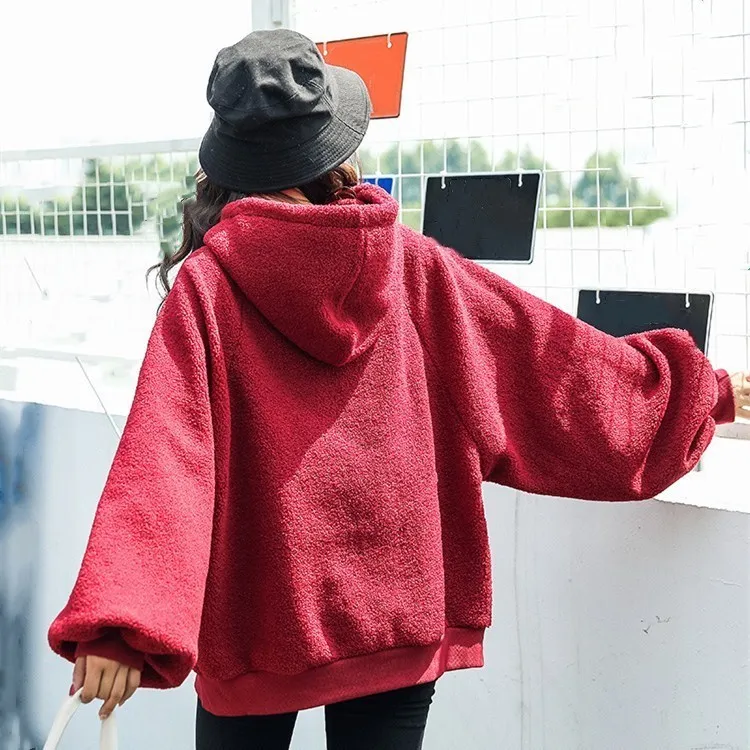 New Arrival Women Hooded Solid Hoodies Autumn Winter Lambswool Warm Sweatshirts Casual Lantern Sleeve Loose Tops