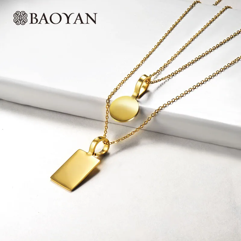 

Baoyan Solid Gold Stainless Steel Necklace Smooth Golden Round Rectangle Pendant Necklace Fashion Two Layered Necklace For Women