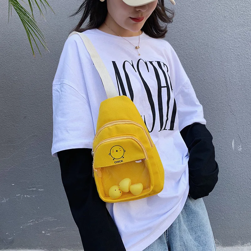 

Hipster Cute Cartoon Canvas Chest Bag Women's Tennis Red Versatile Oblique Bag INS Super Fire Ugly Meng Chickens Canvas Bag