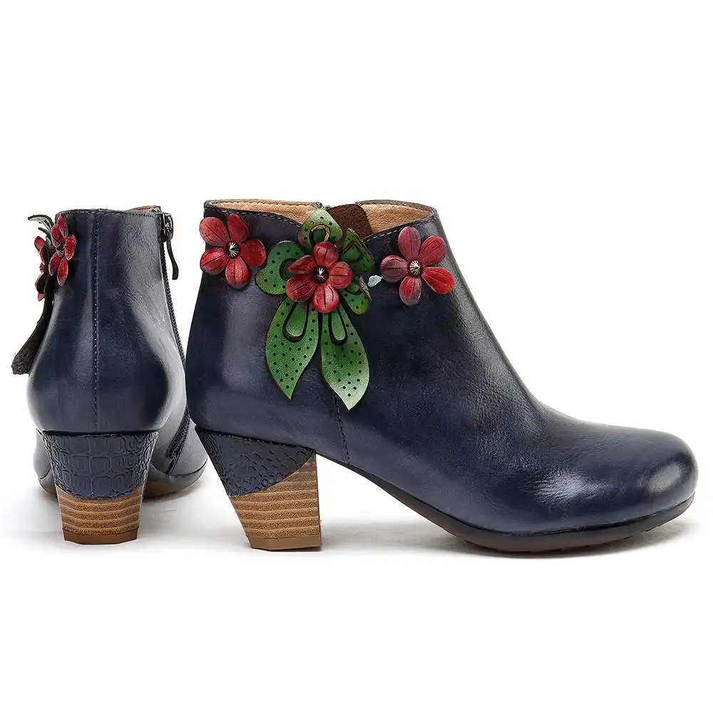 SOCOFY/ботинки в стиле ретро; Botas mujer; Простые Темно-Синие ботильоны из натуральной кожи с красным цветком на высоком каблуке; элегантная женская обувь