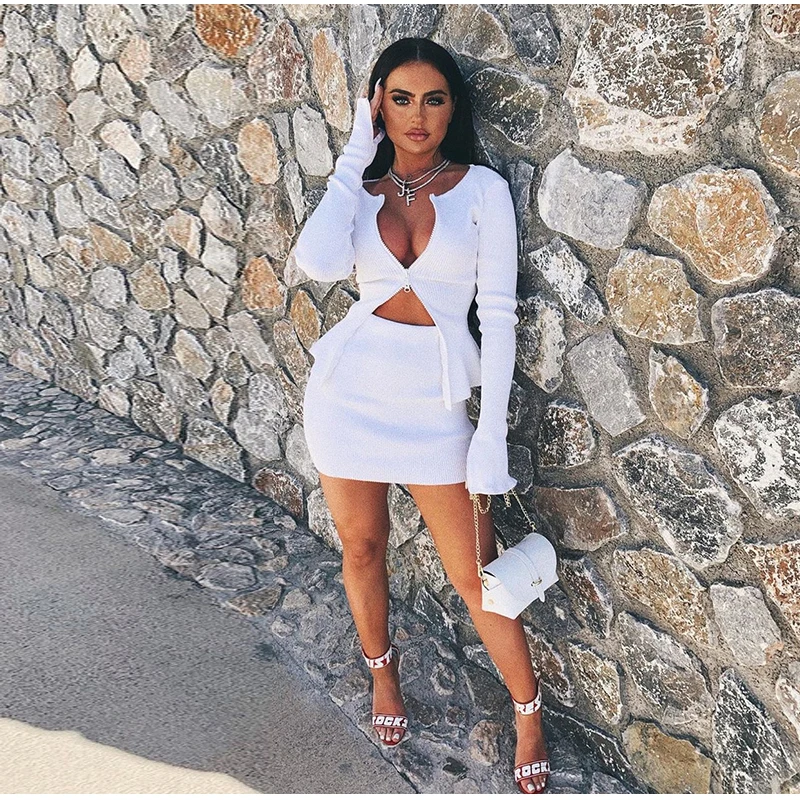 NewAsia White Sweater Women Sexy Double Zipper Cardigan Celebrity Wear Long Sleeve Split Cuff Short Knitted Tops Winter Clothes