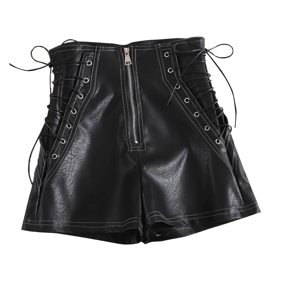 

2020Europe Fashion autumn new black leather wide leg shorts simple design casual high waist front zipper shorts female