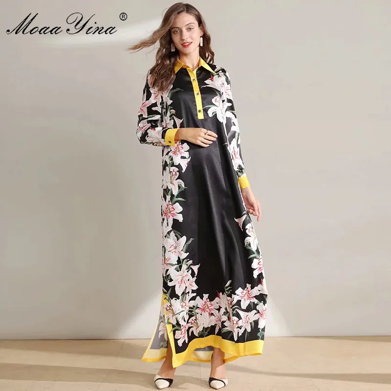 

MoaaYina Fashion Designer Runway dress Autumn Winter Women's Dress Long sleeve lily Floral-Print Black Loose Robe Maxi Dresses