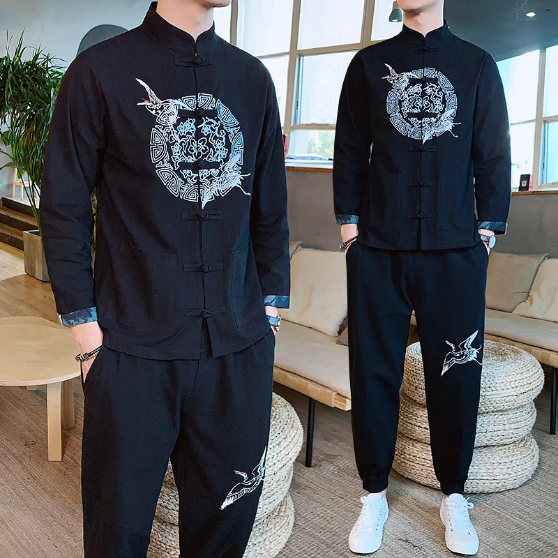 

Spring New Style Cardigan Coat Beam Leg Trousers Large Size Chinese-style Cotton Linen Embroidery Frog Two-Piece Set Men's
