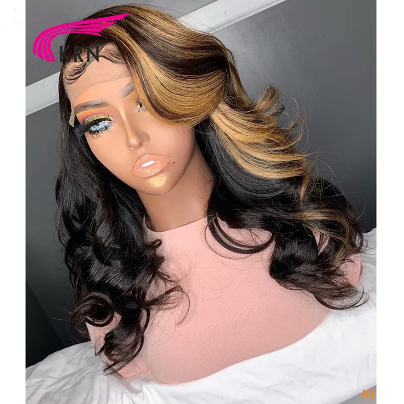 

KRN 13x6 Honey Blonde Colored Lace Front Human Hair Wigs For Women 180density Highlight Ombre Wig Brazilian Remy Wavy Preplucked