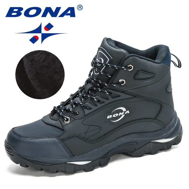 BONA 2020 New Arrival Ankle Boots Nubuck Leather Tactical Shoes Men Plush Anti-Skidding Classical Walking Footwear Masculino Deep blue S gray