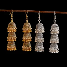 Для женщин Египет Винтаж цвета: золотистый, серебристый Jhumka серьги, индийские украшения турецкий Колокола Кисточкой Серьги племенных Gypsy
