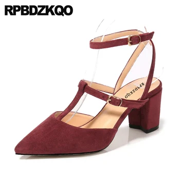 

Casual Pumps Wine Red Customized Strap Size 33 Suede Block 4 34 Medium Heels Pointed Toe Women Fashion 2019 Summer Shoes Sandals