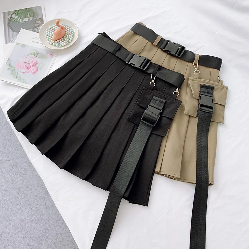

AcFirst Autumn Gray Khaki Skirts Women Fashion A-Line Mini Skirt Striped Clothing Plus Size Short Skirt Belt Pleated Packet