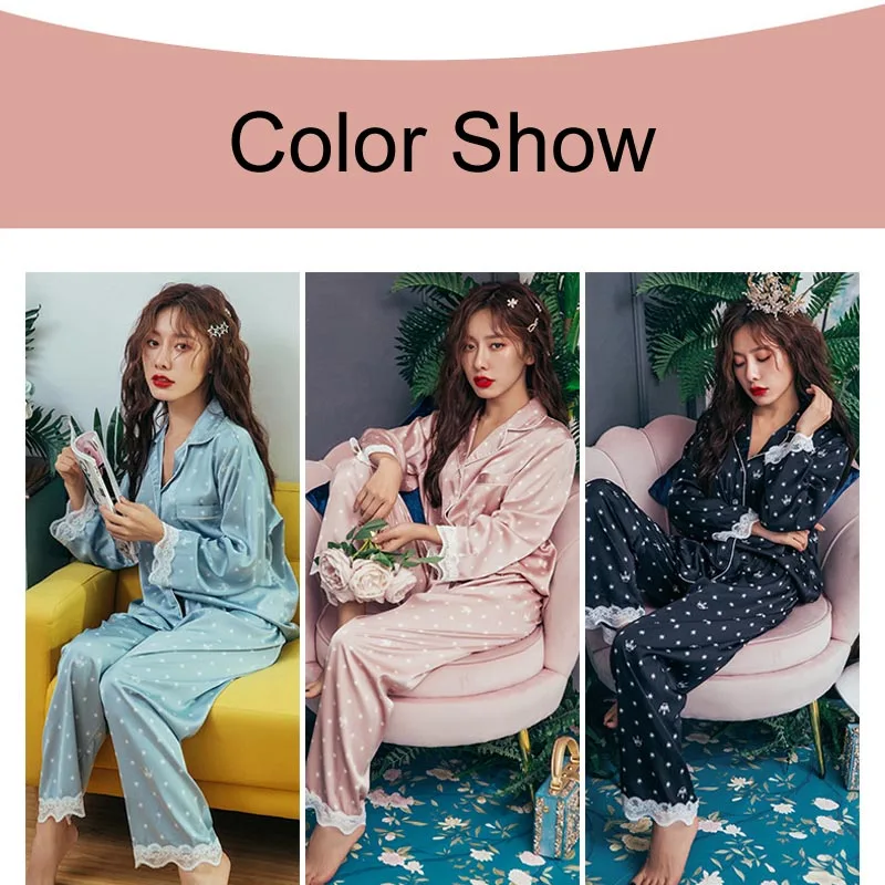 Autumn And Winter Women Pajamas 2 Pieces Ice Silk Thin Pajamas Set Long Sleeve Femme Sleepwear Sexy Lace Causal Home Service