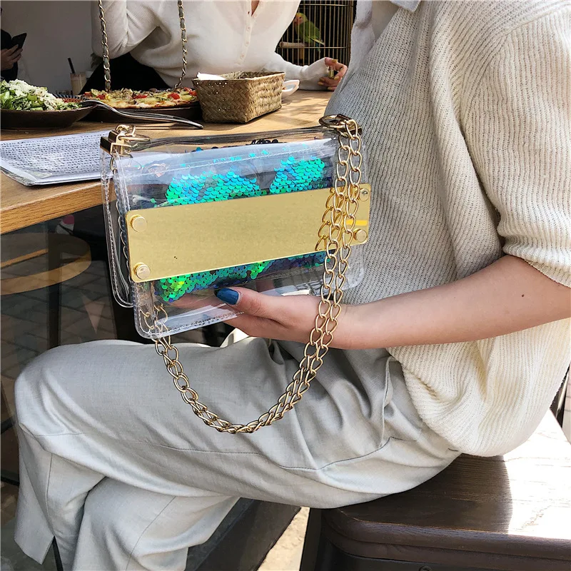 

New 2019 net red with fashion transparent sequins Korean fashion shoulder slung chain bag