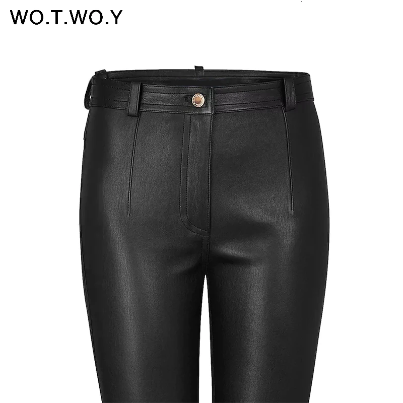 Autumn Winter High Waisted Leather Pants Women Fleece PU Leather Trousers Women Pockets Casual Black Pencil Pants 2018