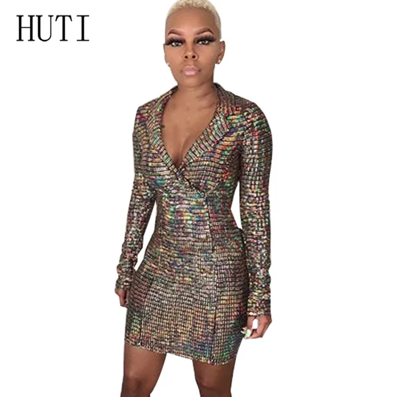

HUTI Reflective Elegant Double-breasted Women Bodycon Dress Long Sleeve Turn-down Neck Sexy Hollow Out Femme Short Dress Longue