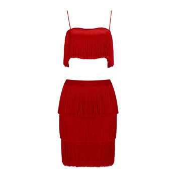 

Two Piece Set Women Fashion Red White Womens Tassel Autumn Top Skirt Bodycon Two Piece Set Spaghetti Straps Sexy
