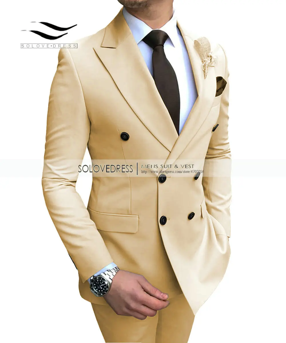 Champagne Solovedress мужской однотонный Костюм Премиум Свадебные смокинги Slim Fit 2 шт. Выпускной Блейзер жилет под смокинг и брюки бордовый двубортный - Цвет: Champagne