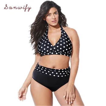 

Plus Size Bikini For Big Women Swimsuit High Waist Dot Bikinis Swim Bathing Suit Print Neck Swimwear