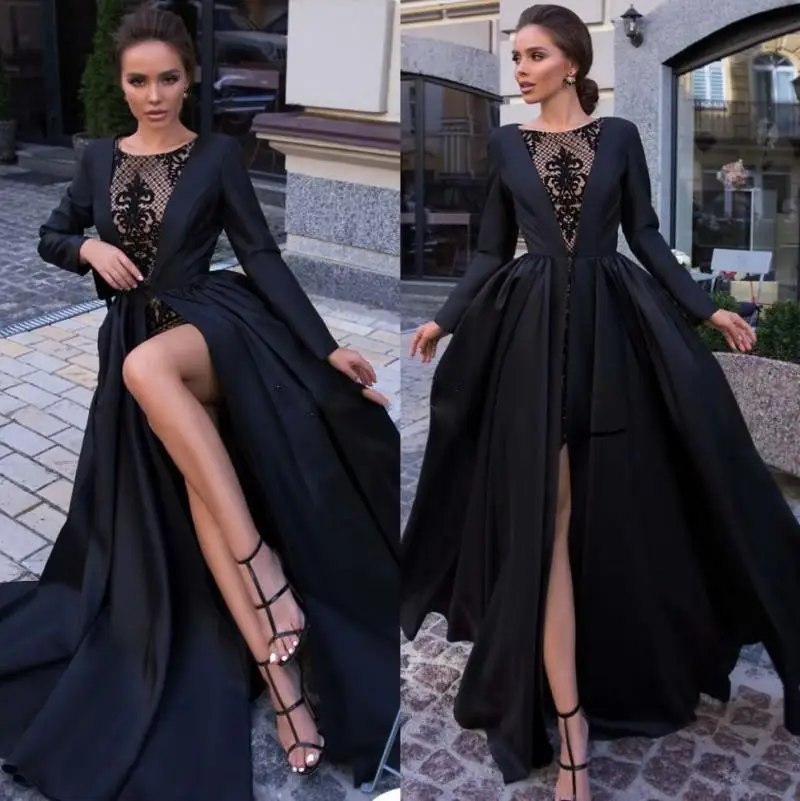 Designer Black Lace Prom Dresses With Jacket Bateau Neck Long Sleeves ...
