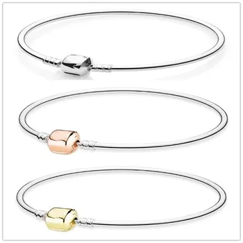 

925 Sterling Silver Bangle Rose Gold Barrel Clasp Snake Chain Basic Bracelet Bangle Fit Women Bead Charm Pandora Jewelry