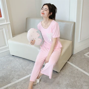 

100% Cotton Pajamas Sets For Women 2020 Autumn Fashion Short Sleeve Pyjama Sweet Girls Lace Homewear Female Lounge Home Clothing