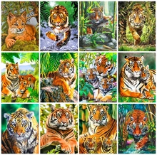 AZQSD Full Drill Diamond Painting Tiger Forest Cross Stitch Rhinestones Diamond Embroidery Animal Mosaic Handicraft Home Decor