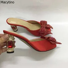 8CM Slippers Women Satin Woman Slip On Sandals Crystal Bowtie High Heel Summer Sliders Espadrille Shoes Chanclas De Mujer faux pearl espadrille flatform sliders