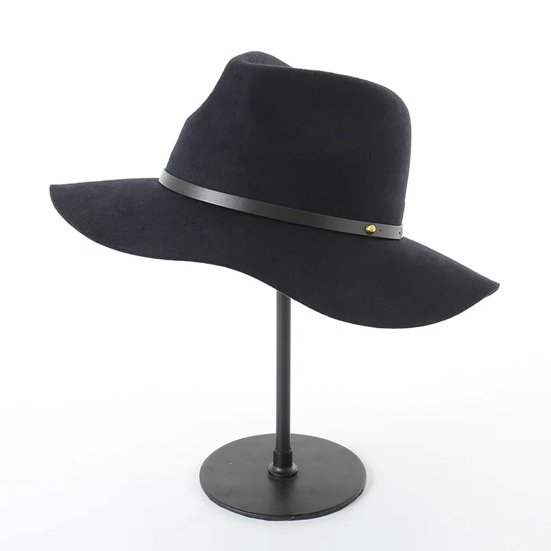 01912-hh8069 сплошное шерстяное Классический Ремень Шляпа Fedora Мужская и женская панама джазовая, шляпа - Цвет: Черный