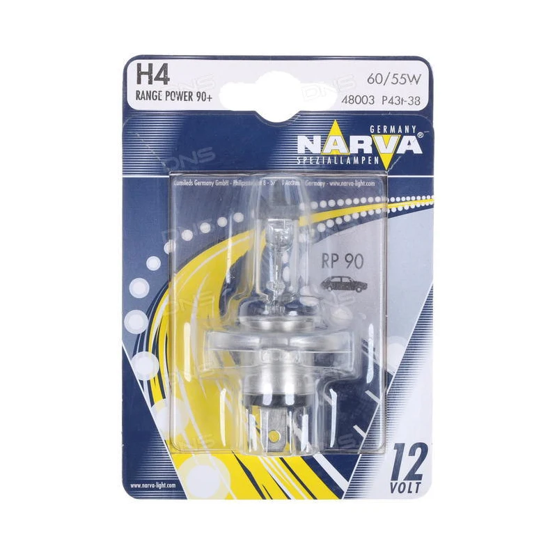 NARVA H4 12V- 60/55W (P43t) ( +90% света) Range Power 90 (блистер 1шт.) 48003 (бл.1) | Автомобили и мотоциклы
