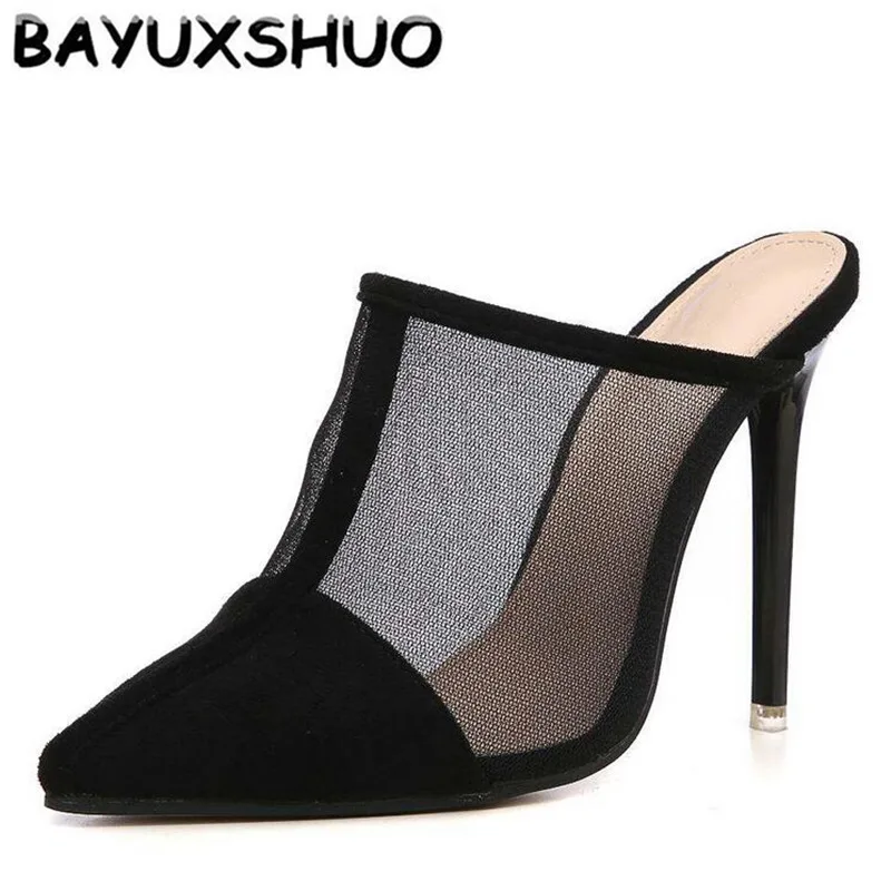 BAYUXSHUO/женские шлепанцы на высоком каблуке; сетчатые ажурные тапочки; модные уличные женские туфли на шпильке с острым носком; удобная обувь