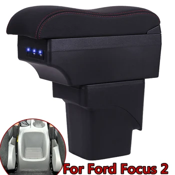 

For Ford Focus 2 Mk2 2005-2011 Armrest Box PU Leather Central Store Content Storage Box Cup Holder USB Charging