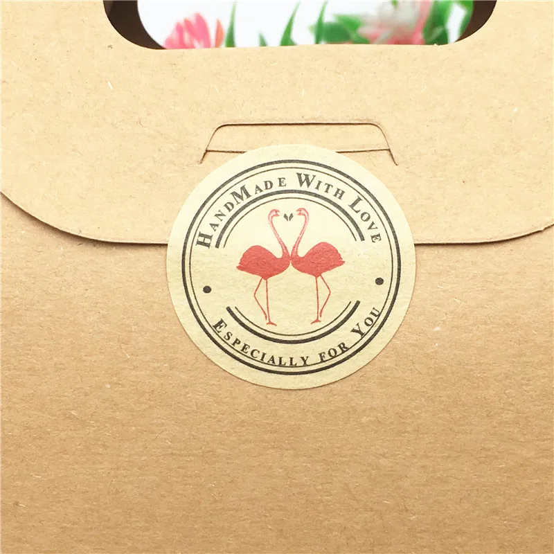 

100 Pcs/Lot Brown Paper Lovely Thank you Kraft Sticker Labels Flamingo 3cm Handmade Gift Decoration Self adhesive Sticker Tags