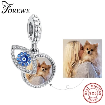 

Real 925 Sterling Silver Personalized Photo Dangle Charms Turkey Eye Blue Crystal Beads Fit Original Charm Bracelet DIY Jewelry