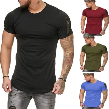 

New Arm Zipper Pocket Stitching Large Size Men's Casual Athletic T-shirt round Neck Short Sleeve Fashion T-shirt Men