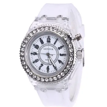 

Sports Women Lady Girl Rubber Band Candy Wrist Watch Couple jelly rhinestone Led Night Light Quartz Watch Colorful Strap