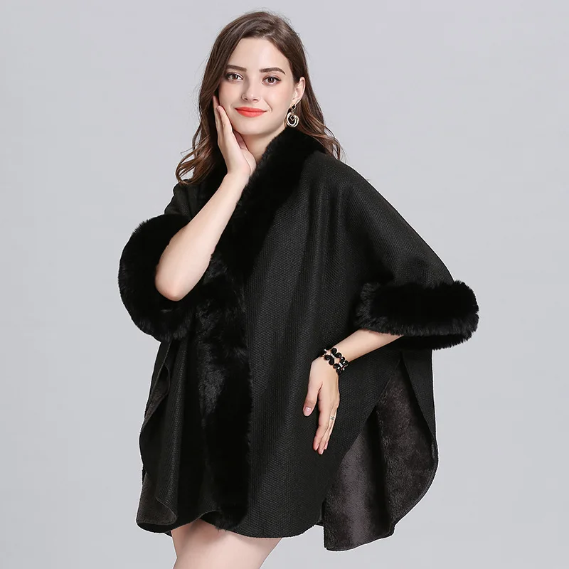 

2019 Plus Velvet Faux Fox Fur Neck Cloak Women Loose Cardigan Winter Warm Thick Outwear Short Fur Batwing Sleeves Big Poncho