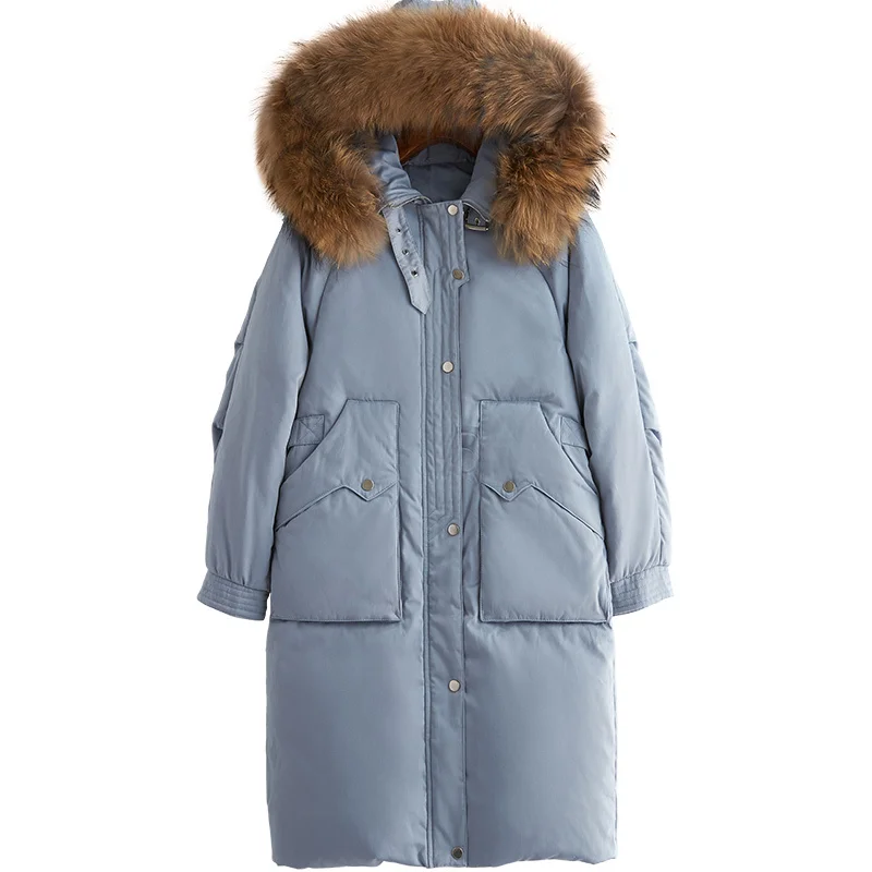 

New Fault Code Down Jackets Woman Long Raccoon Hair Lead Even Hat Winter Keep Warm Loose Coat