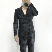 Настоящий мужской костюм-смокинг с серебряными блестками в полоску, бархатный, черный, вечернее, сценическое представление, куртка с брюками