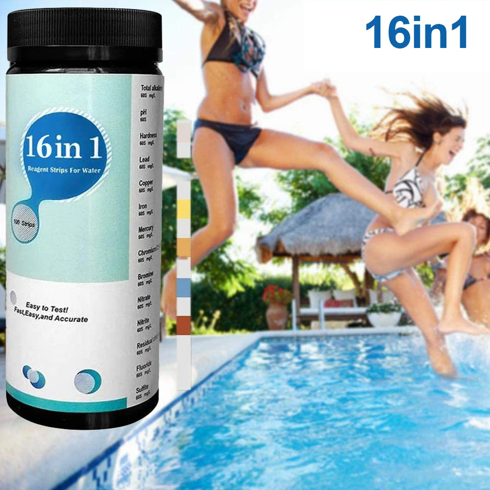 100Pcs 16 In 1 Pool PH Test Strip Drinking Water Quality Tester Residual Chlorine Value Meter Spa Test Paper Swimming Security