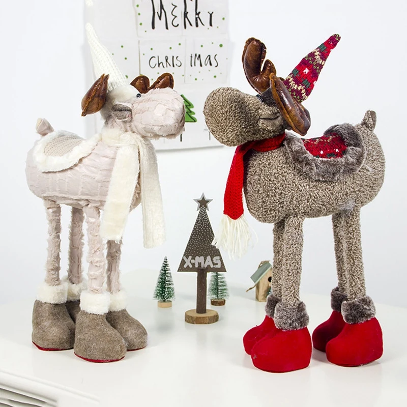 Christmas Plush Reindeer Doll Ornament with Telescopic Legs Stuffed Animal Toy Holiday Figurines Gift