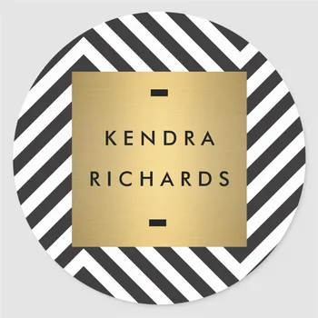 

Personalized Retro Black and White Pattern Gold Name Logo Classic Round Sticker
