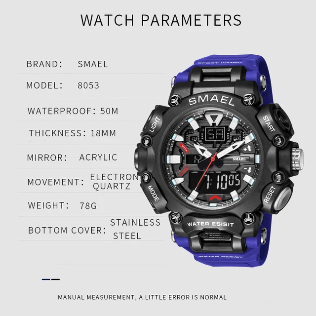 SMAEL-reloj Digital para hombre, cronógrafo de pulsera doble, resistente al agua, a prueba de golpes, despertador, LED, hora fresca, moda juvenil, 8053 6