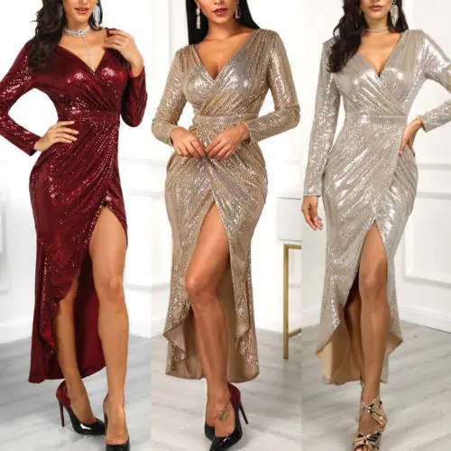 

Elegant Fashion Women Split Bodycon Solid Red Long Sleeve Sexy V- Neck Glitter Dress Evening Party Formal Dress