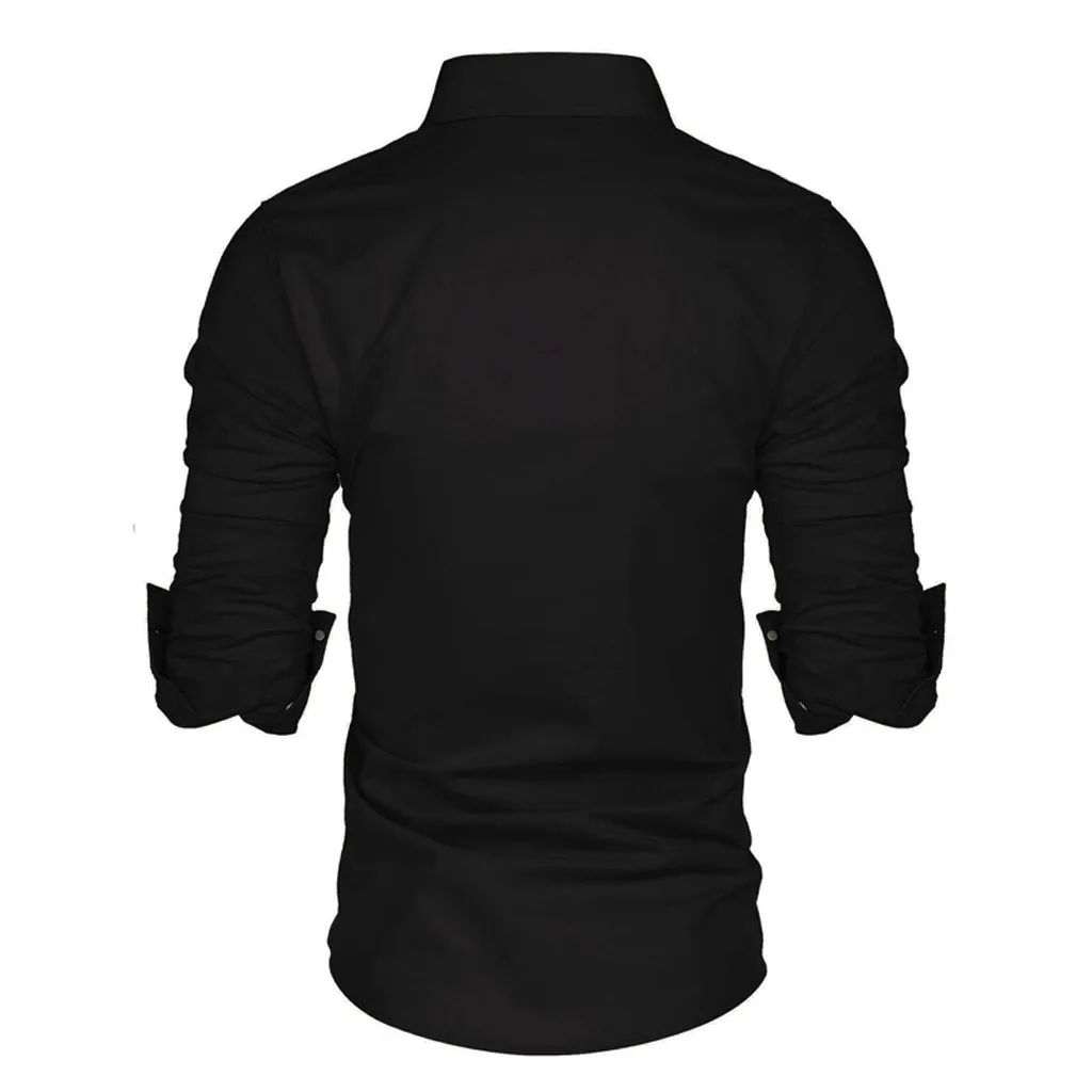 Осенние мужские повседневные тонкие рубашки подходят уличная черная блузка льняная Смешанная черная рубашка с отворотом и пуговицами топы с длинными рукавами 5XL