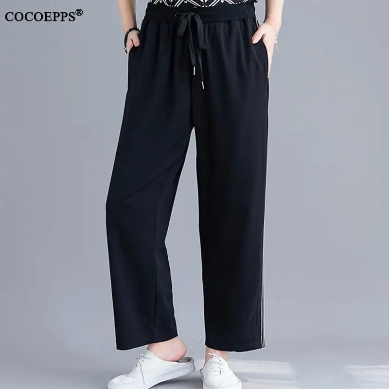 

COCOEPPS 4XL 5XL Spring Plus size Stripe Sportwear Pant Summer Casual Loose Trouser Elastic Waist Large Size Tracksuit Nine Pant